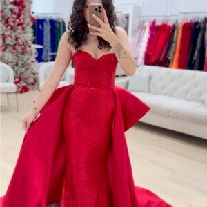 Strapless Red Evening Pageant Prom Dress overskirt and bow